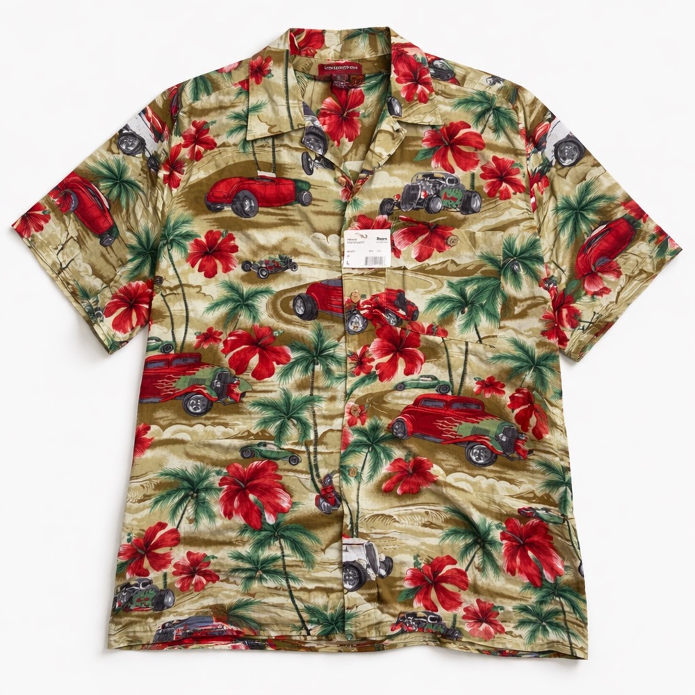 Covington Hot Rod Wheels Hawaiian Shirt Rayon Retro Car Flames Resort Mens Large